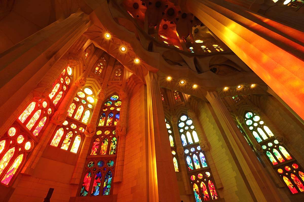 La Sagrada Familia church interior lit by afternoon sun