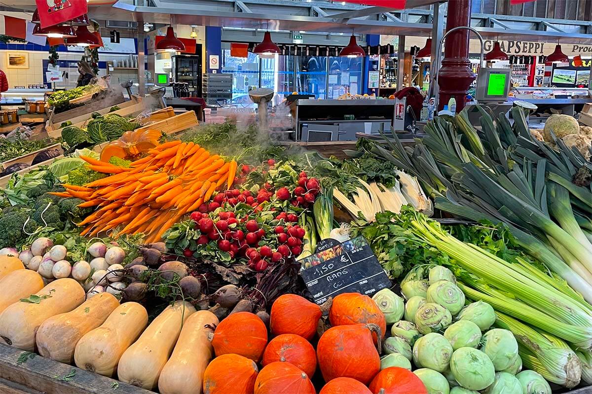 Vegetable market stand at Marche Couvert in Colmar France