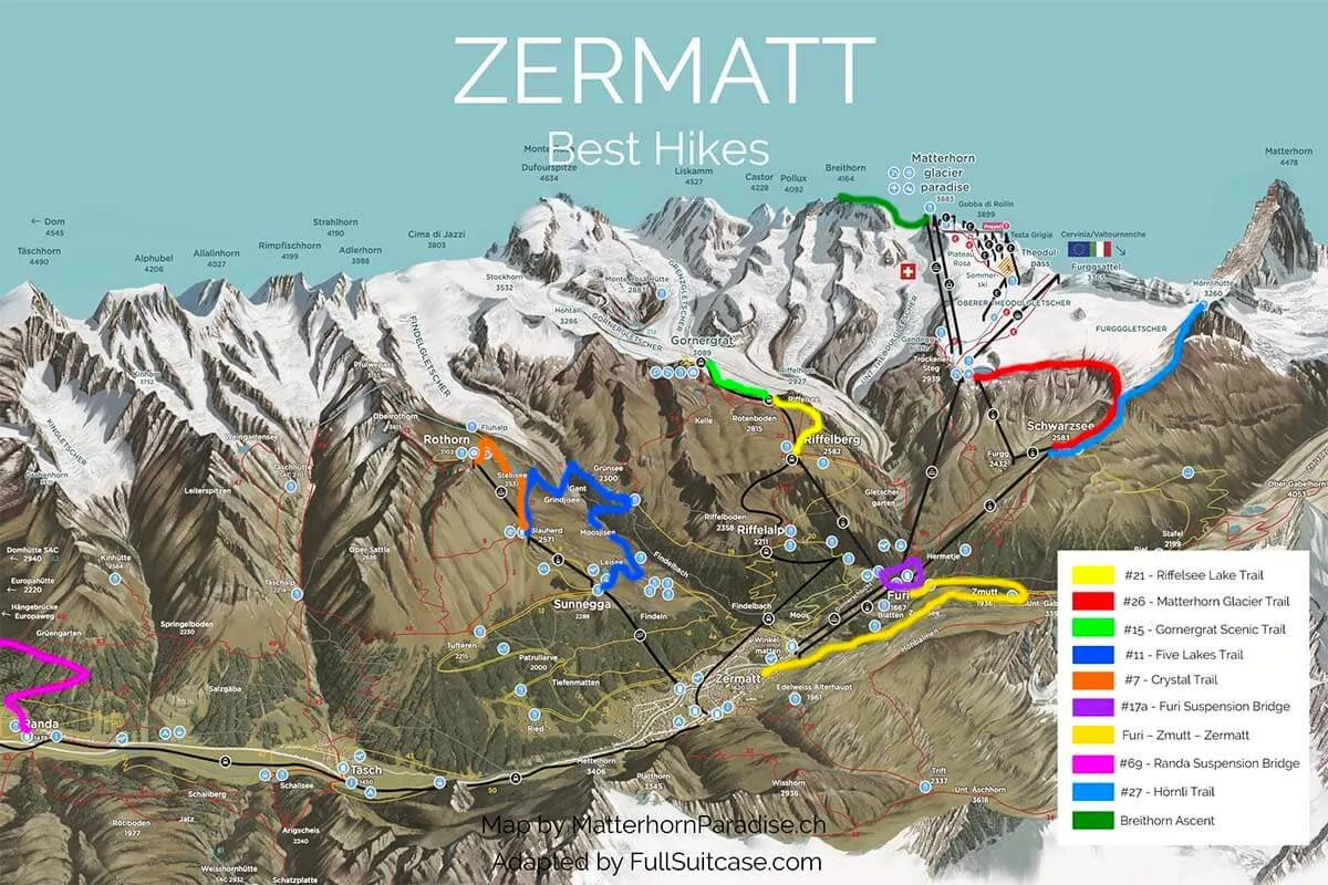 Zermatt hiking map indicating 10 best hikes