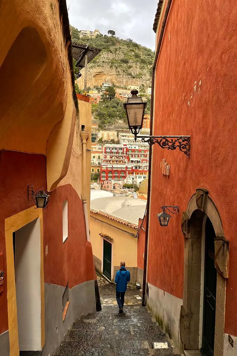 Narrow passage with lots of stairs in Positano on the Amalfi Coast in Italy