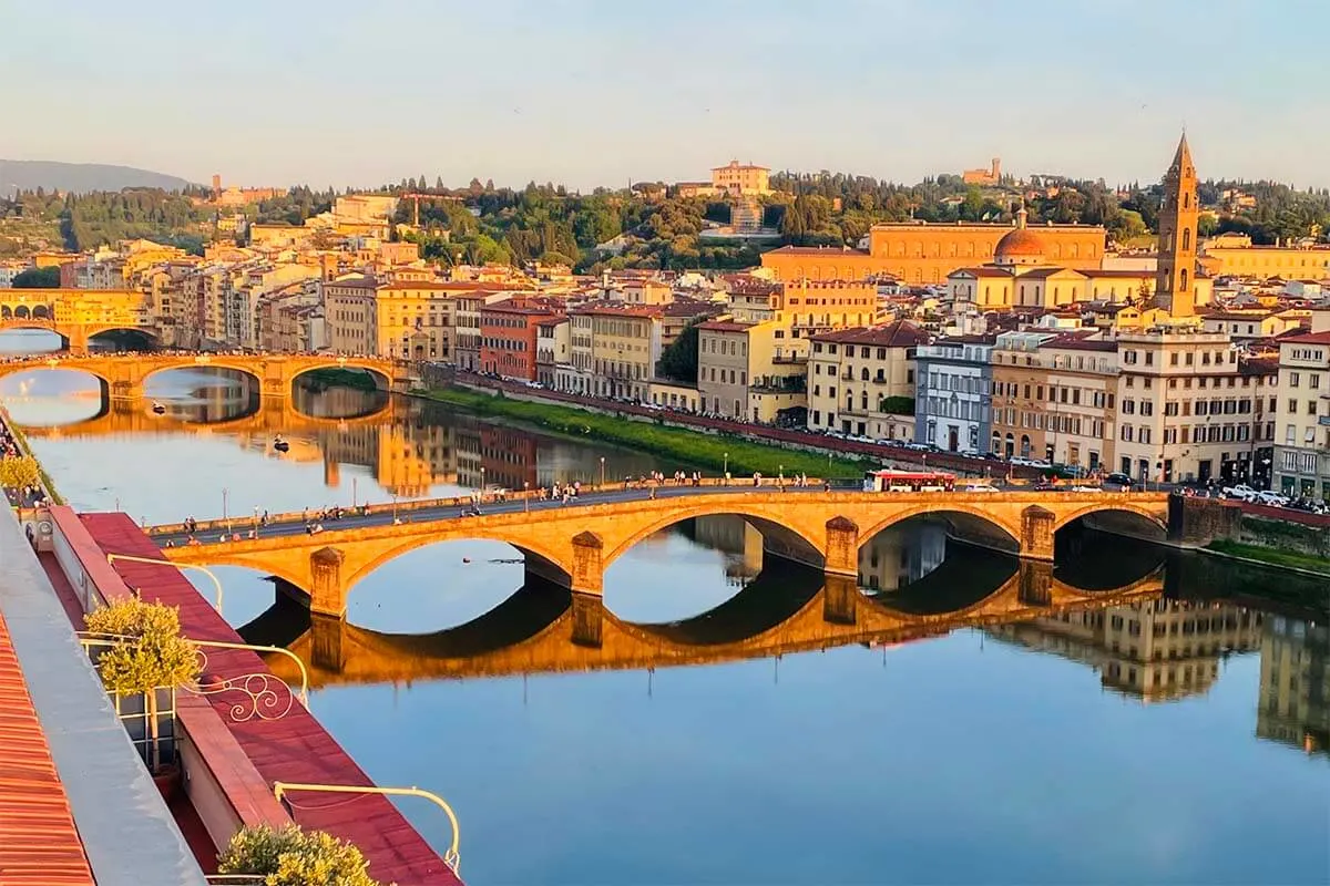 Florence city view from Sesto on Arno rooftop bar in Westin Excelsior hotel in Florence Italy