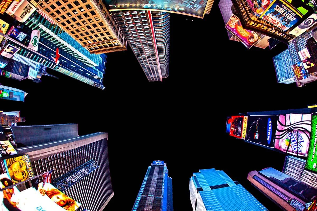 NYC Times Square buildings at night