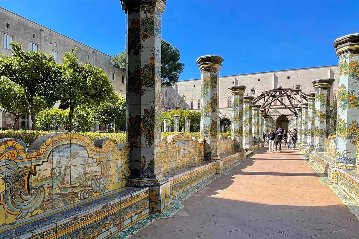 Tiled benches at the garden of Santa Chiara Monastery in Naples