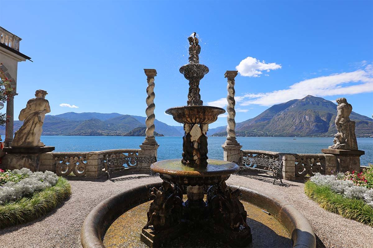 Fountain and Lake Como view from Villa Monastero in Varenna