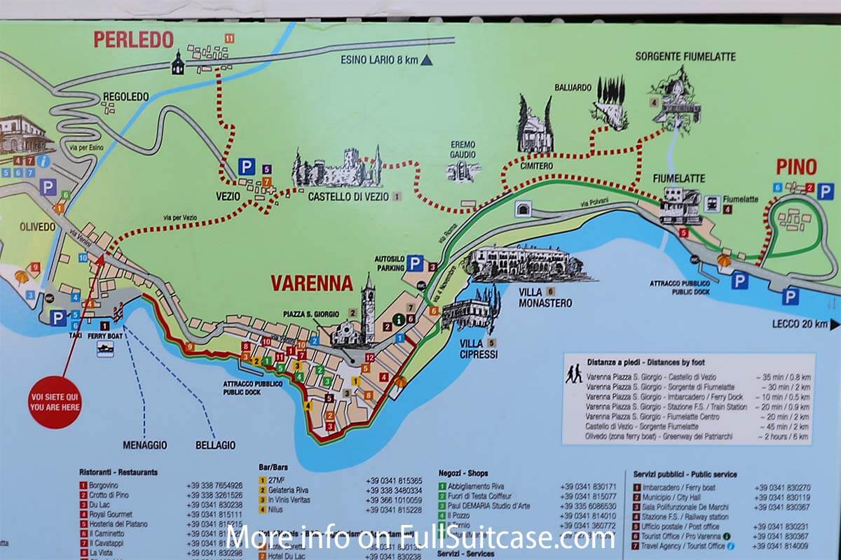 Map of Sentiero del Viandante and other places to see in and near Varenna, Italy