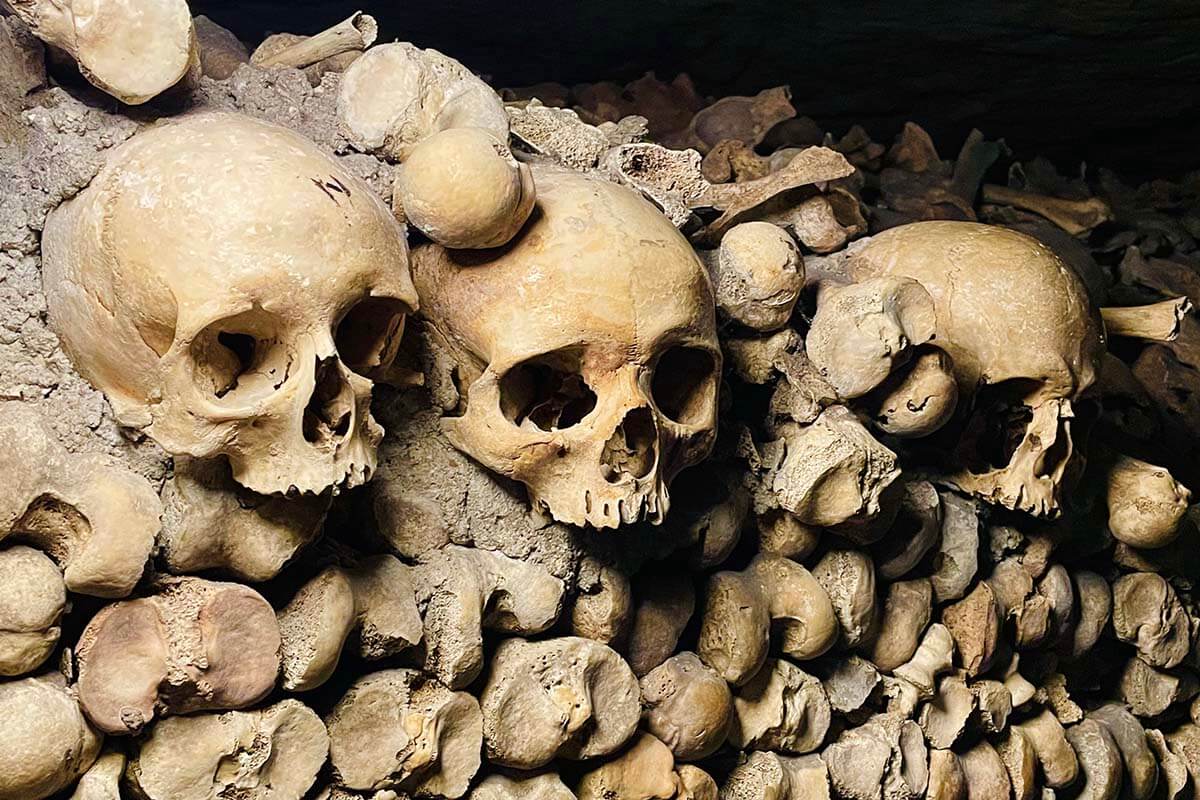 Skulls and bones in Paris Catacombs