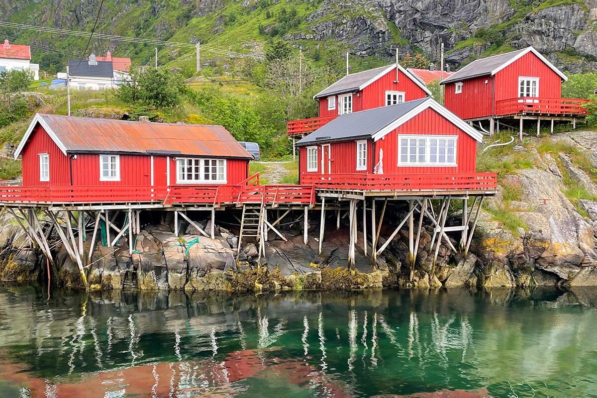 Traditional red rorbuer in A i Lofoten, Norway