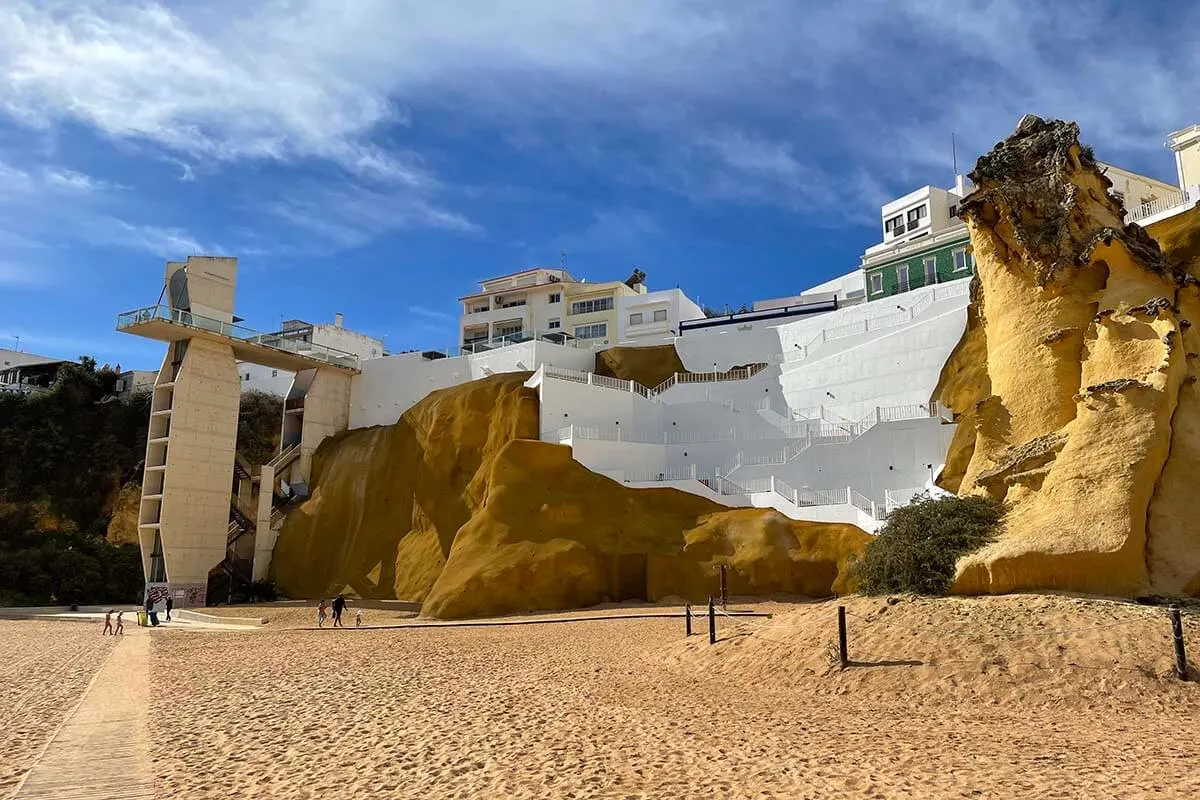 Praia do Peneco beach and Elevador do Peneco lift in Albufeira, Portugal