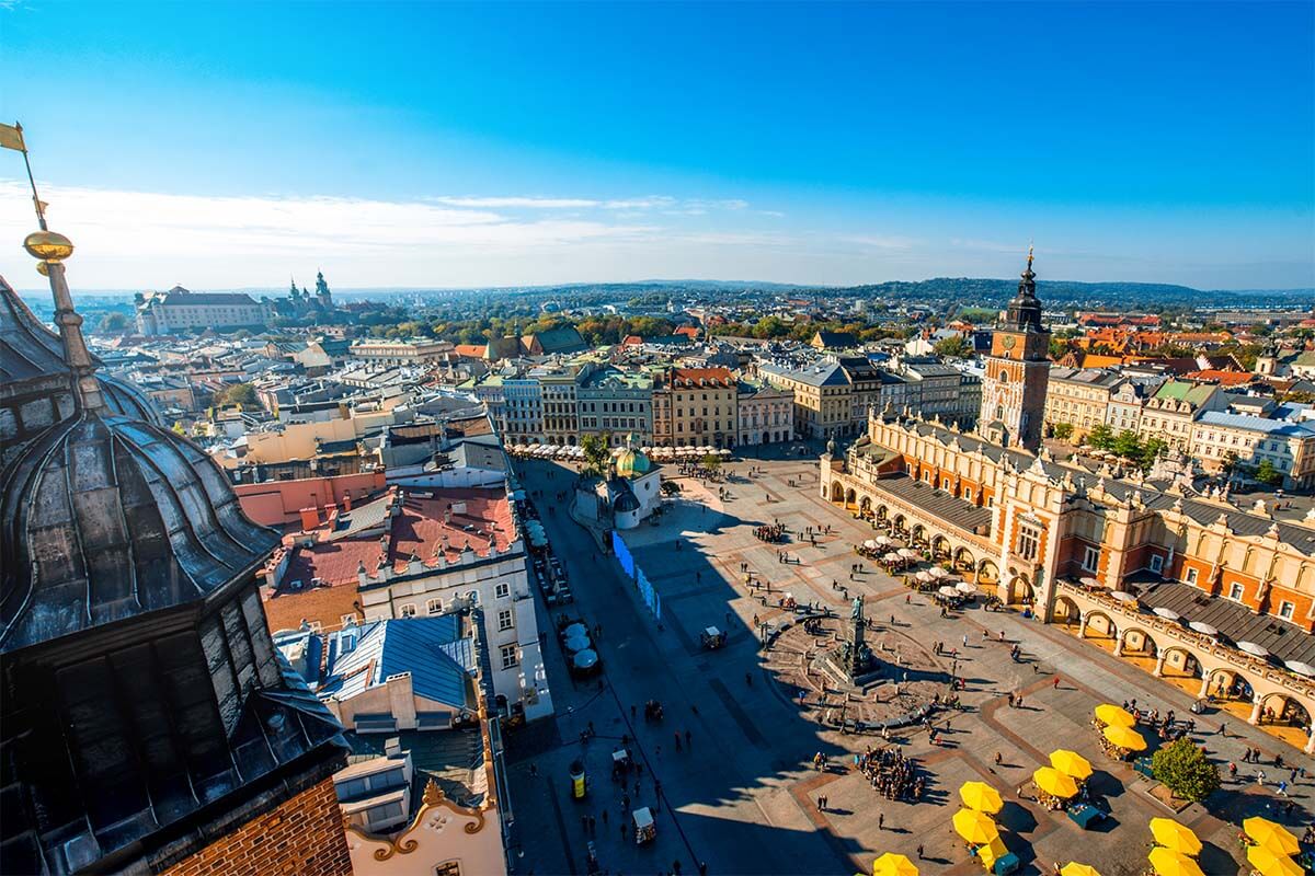 Krakow Old Town and Market Square aerial view from St Mary Church