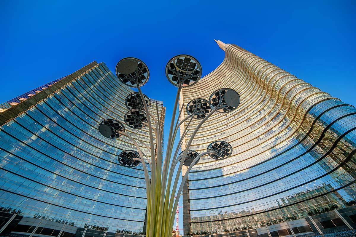 Piazza Gae Aulenti and Unicredit Tower in Milan Porta Nuova district