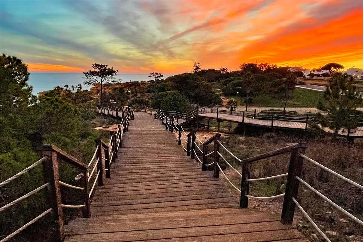 Stairs from NAU Sao Rafael Atlantico Hotel to Sao Rafael Beach in Albufeira at sunset