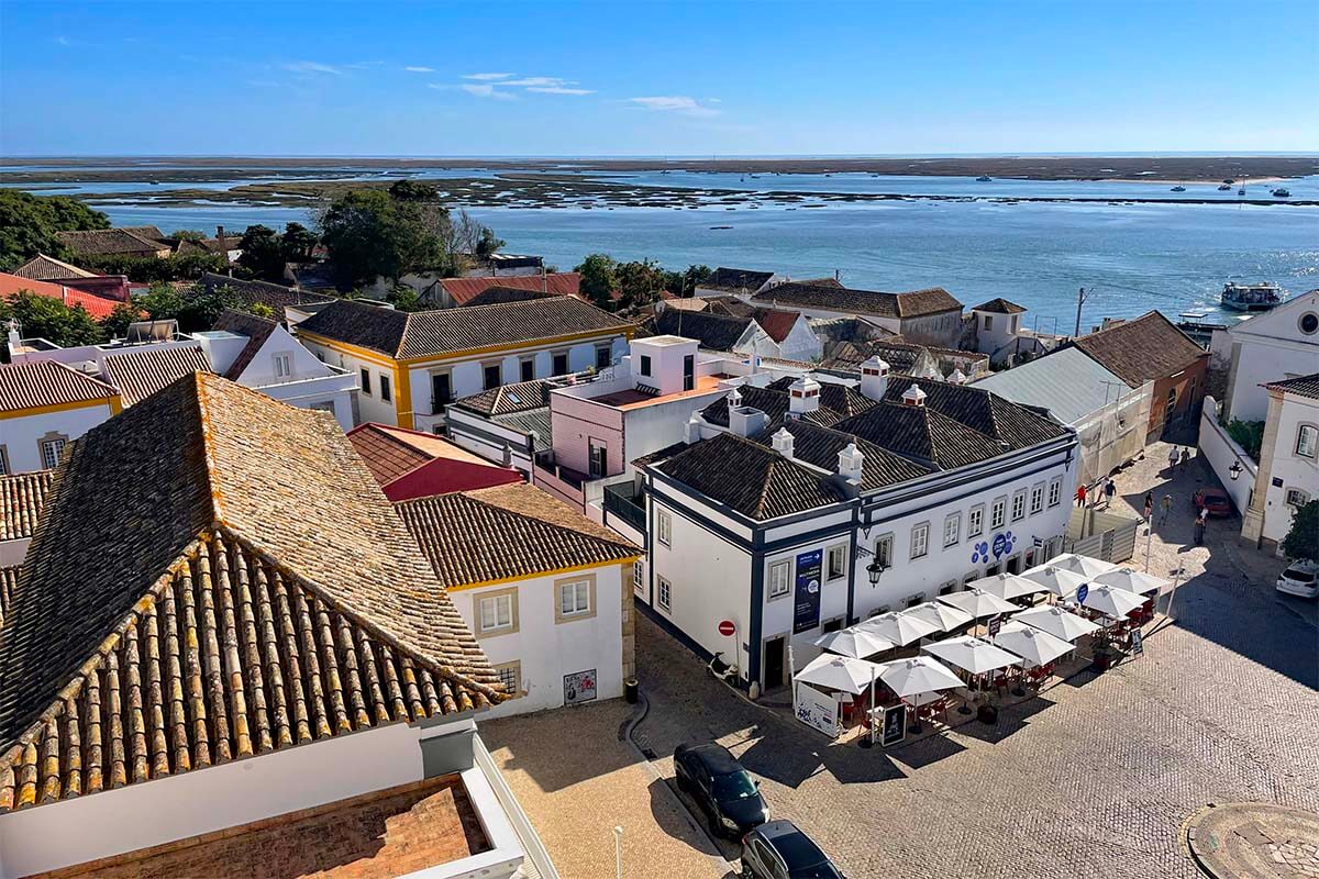 Faro city and Ria formosa lagoon aerial view