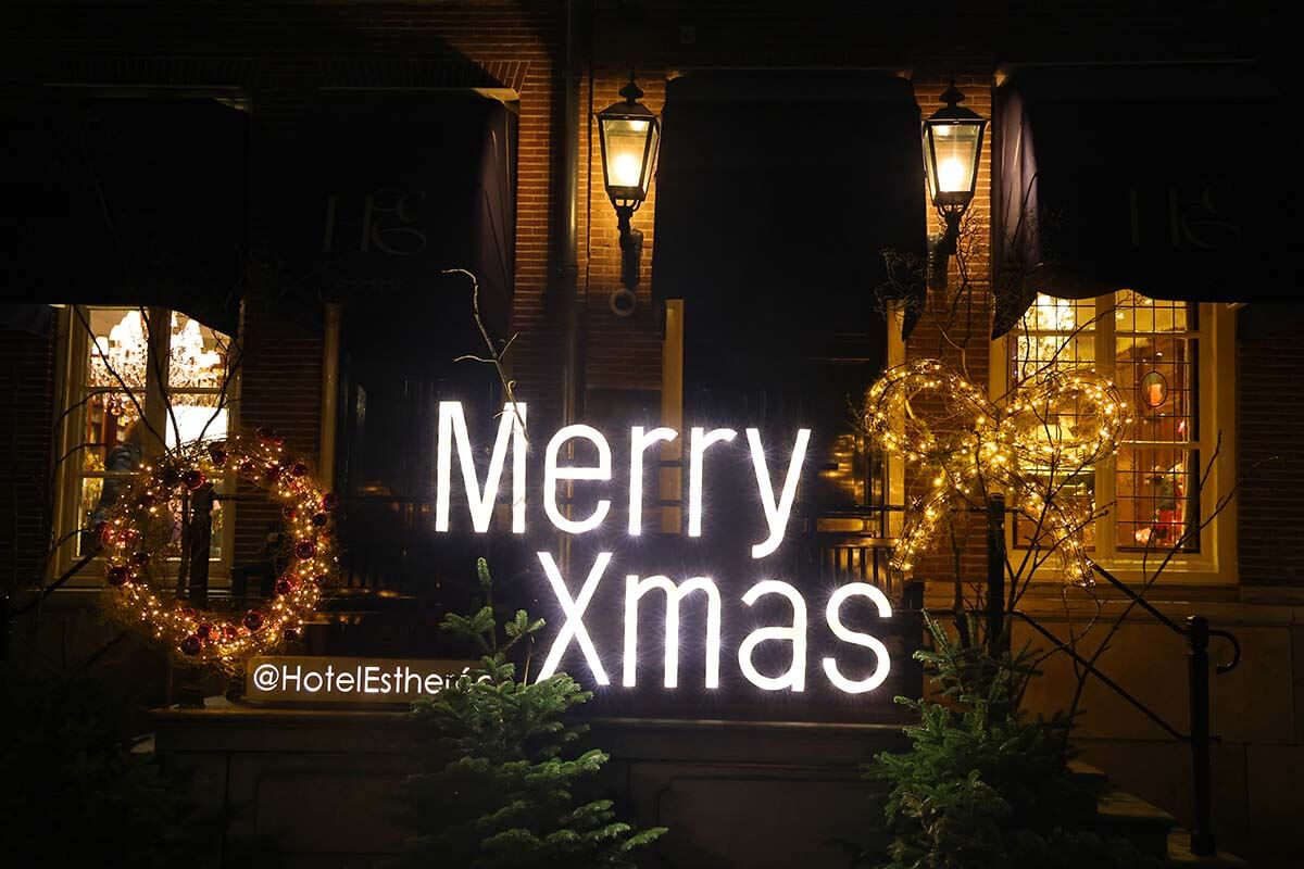 Merry Christmas sign at Hotel Estherea in Amsterdam