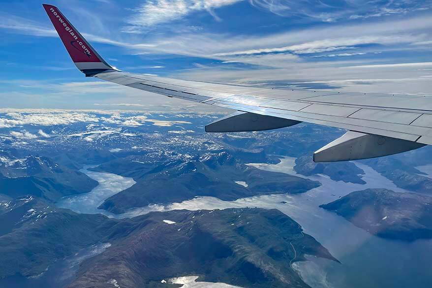 Norwegian airlines flying over Lofoten Islands airplane view