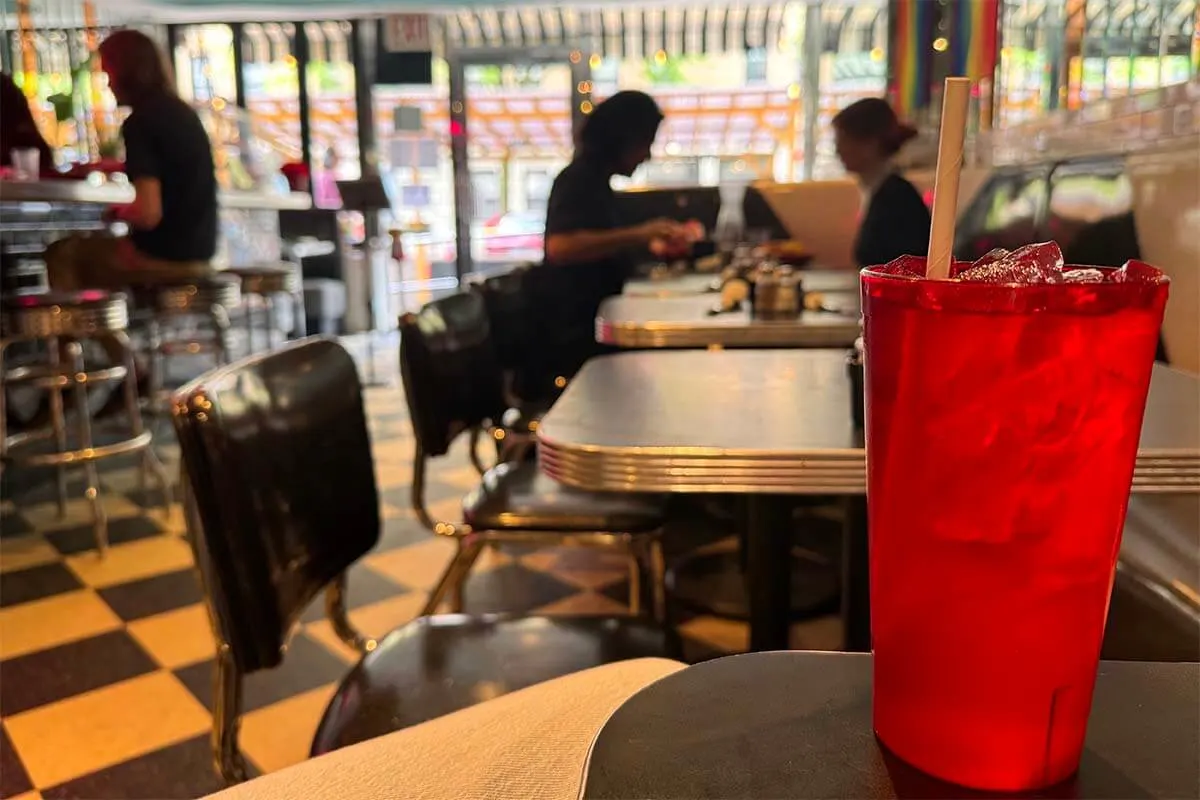 A big glass of iced water in an American diner