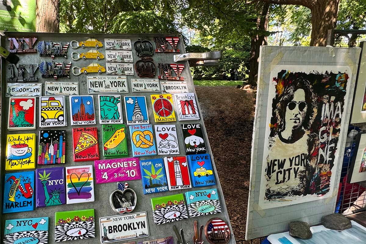 John Lennon memorabilia and NYC souvenirs for sale at Strawberry Fields in Central Park