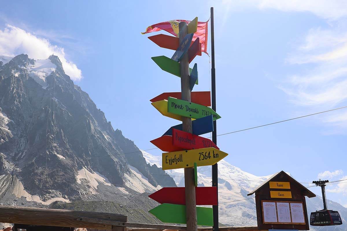 Colorful glacier signs at Plan de l’Aiguille cable car station in Chamonix