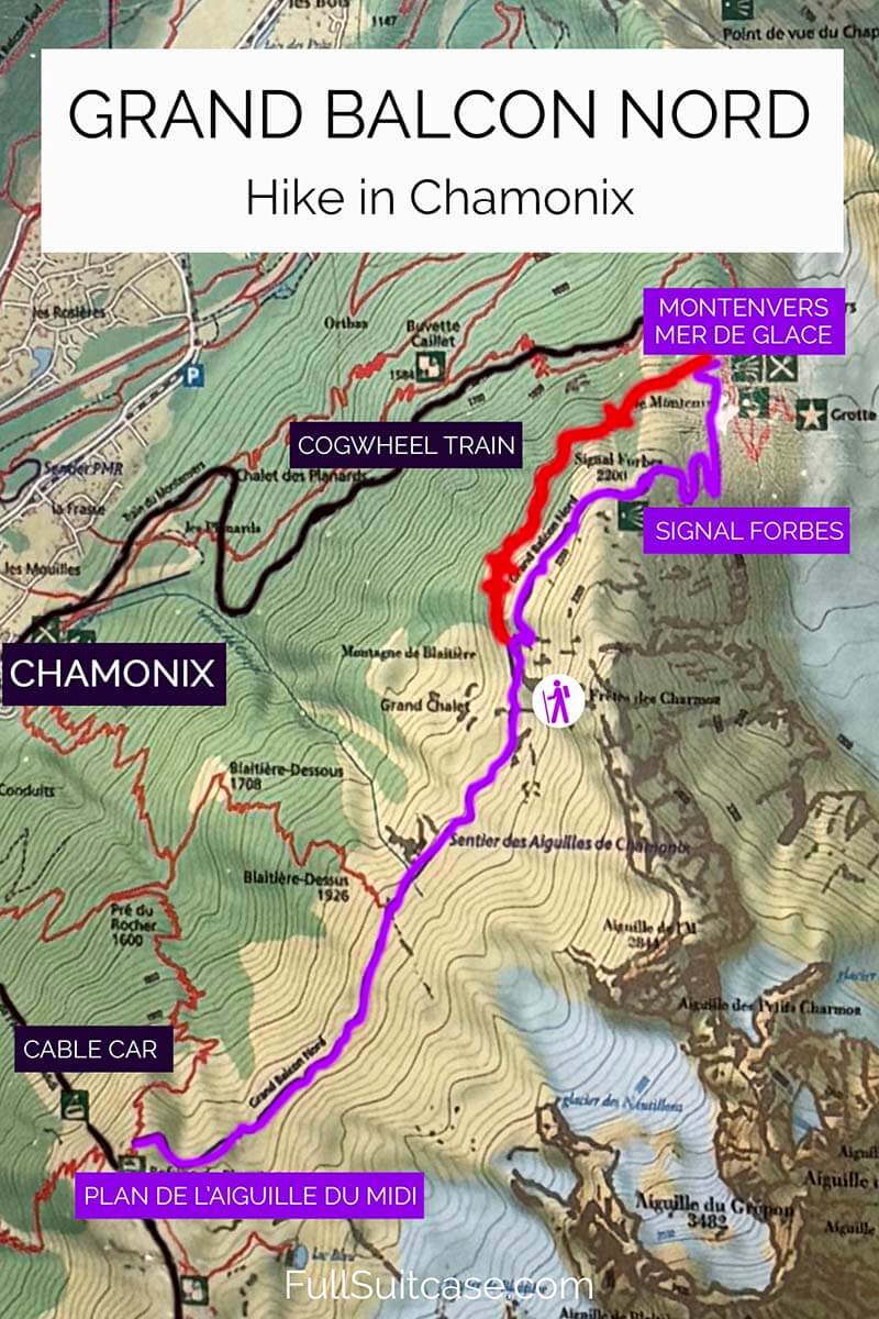 Map of the Grand Balcon Nord hike in Chamonix France