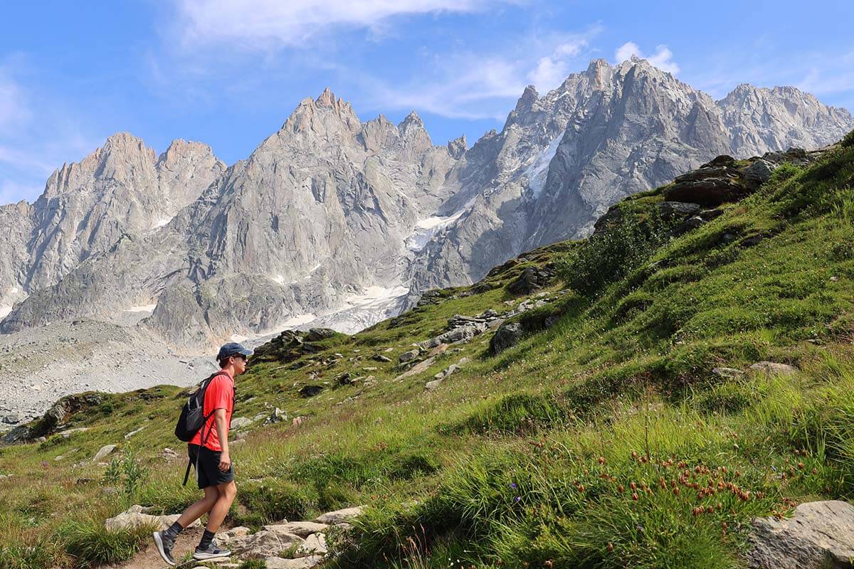 Young man hiking the Grand Balcon Nord trail in Chamonix